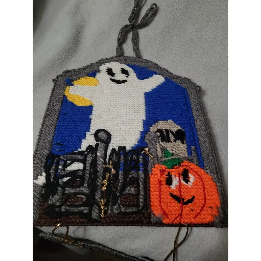 Set 2 Vintage Halloween Needlepoint on Plastic Decoration Pumpkin Ghost Graveyar